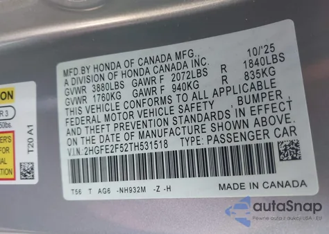 2026 Honda Civic Sport из США, поврежденный, VIN 2HGFE2F52TH531518